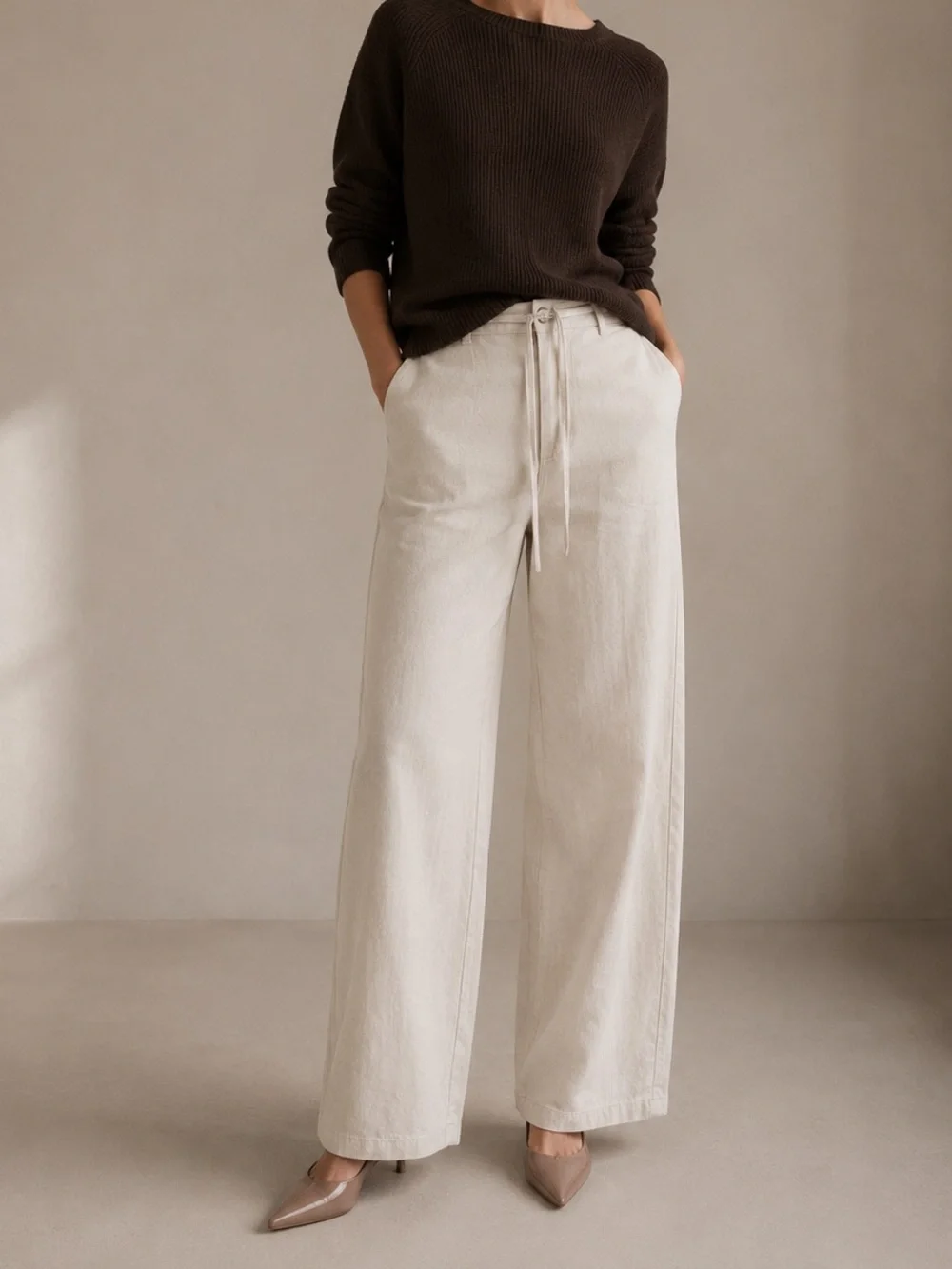 NWOT COS Linen Cotton Wide Leg Pants Denim Texture Cream US10